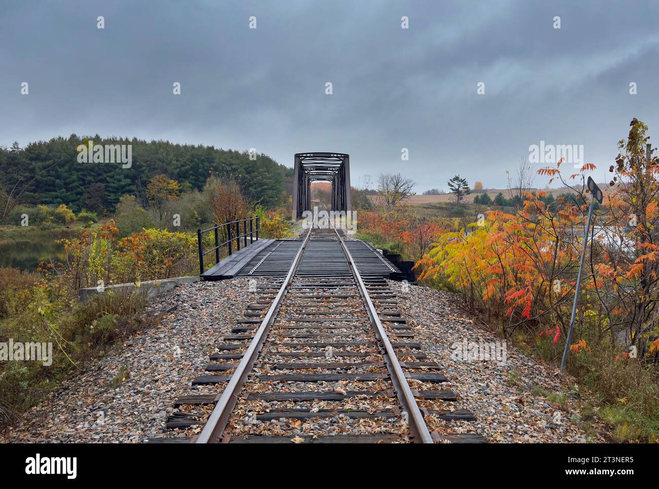 Double span riveted railway truss bridge built in 1893 crossing the Mississippi river in autumn in Galetta, Ontario, Canada Stock Photo