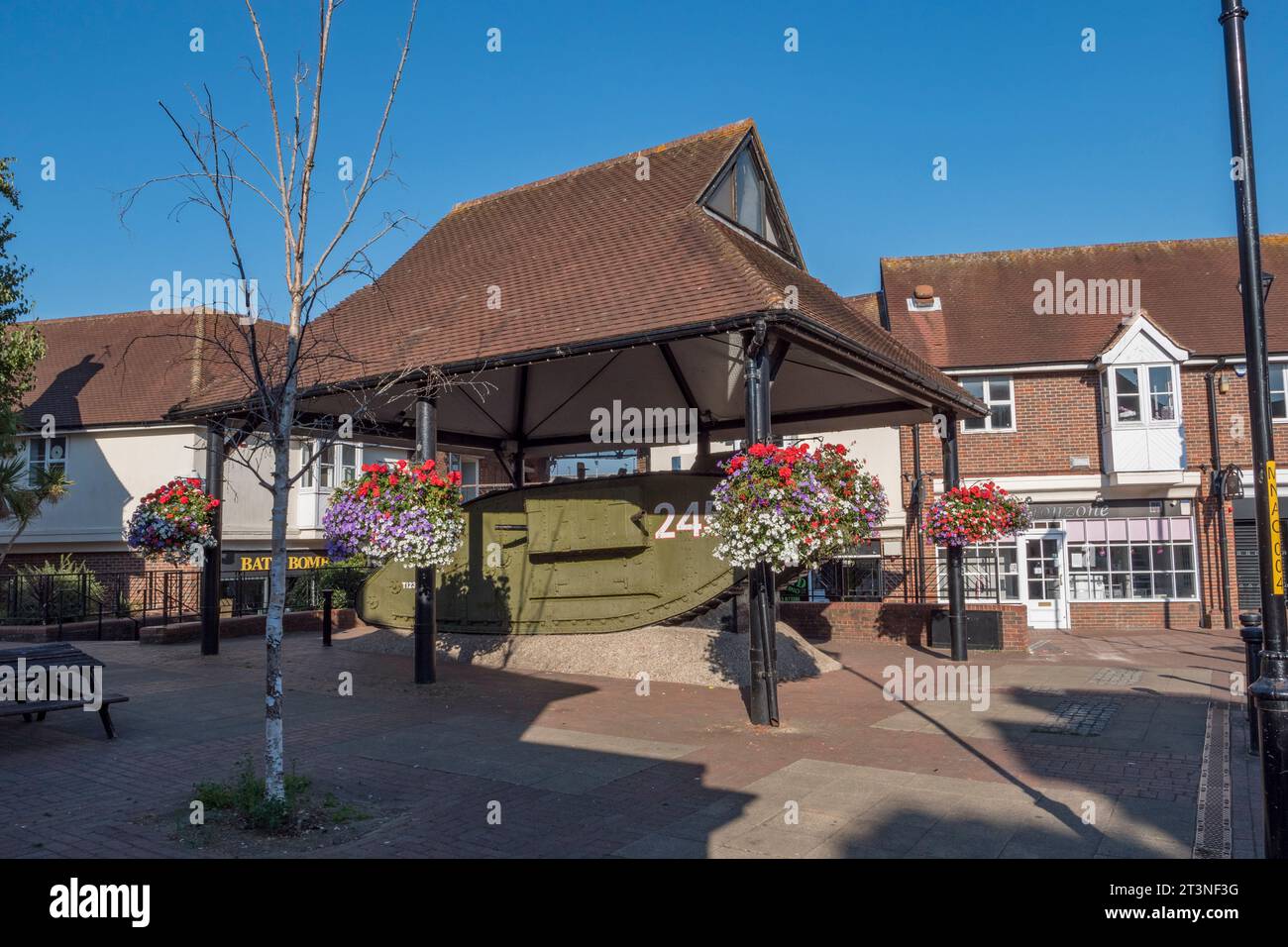 The Tank Memorial, a WWI Mk IV tank preserved in the centre of Ashford, Kent Stock Photo Alamy