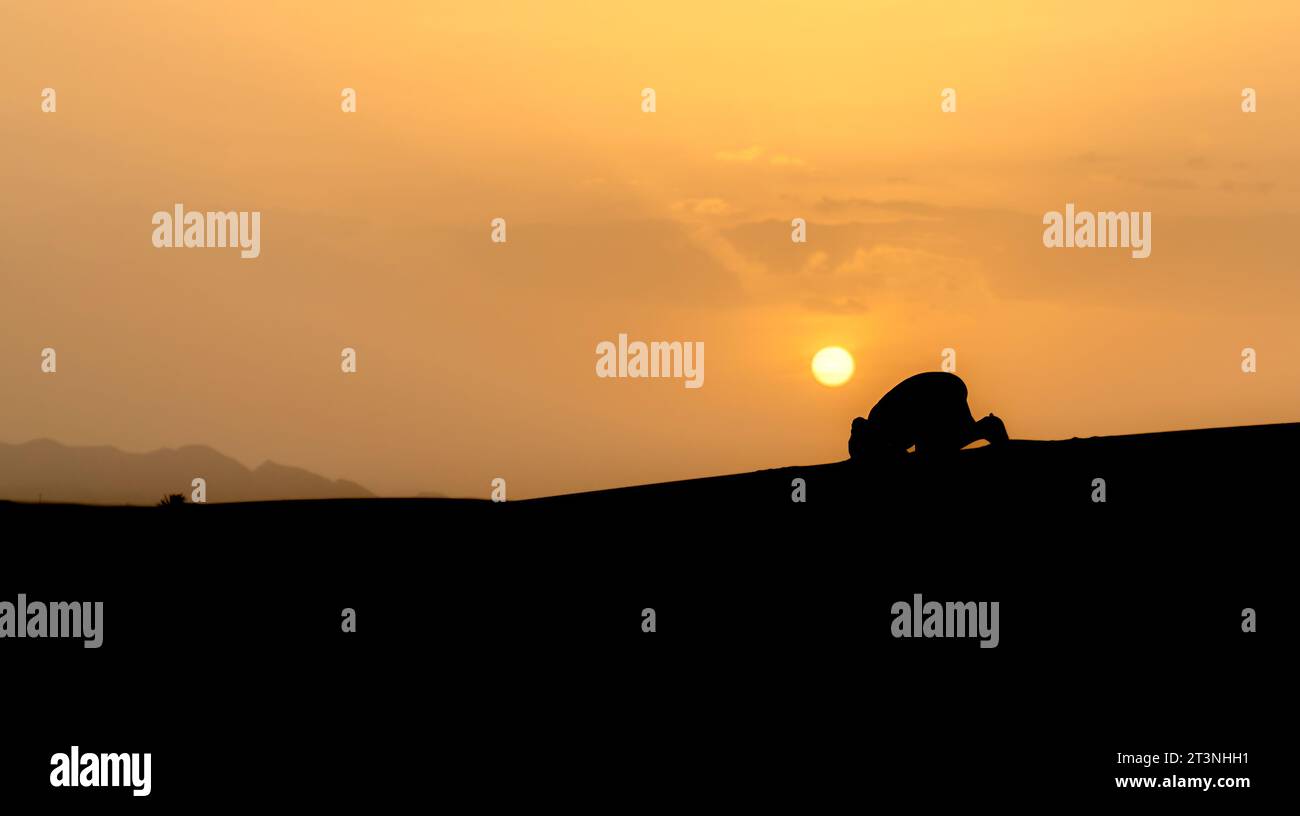 Silhouette of unidentified muslim Berber man praying on sand dunes at ...