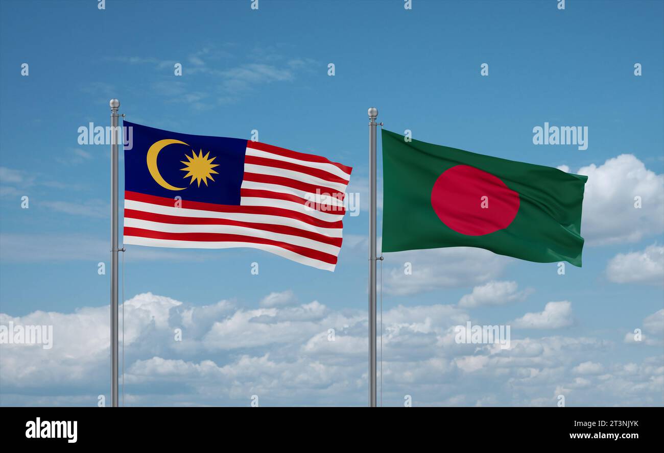 Bangladesh and Malaysia flags waving together on blue cloudy sky, two ...