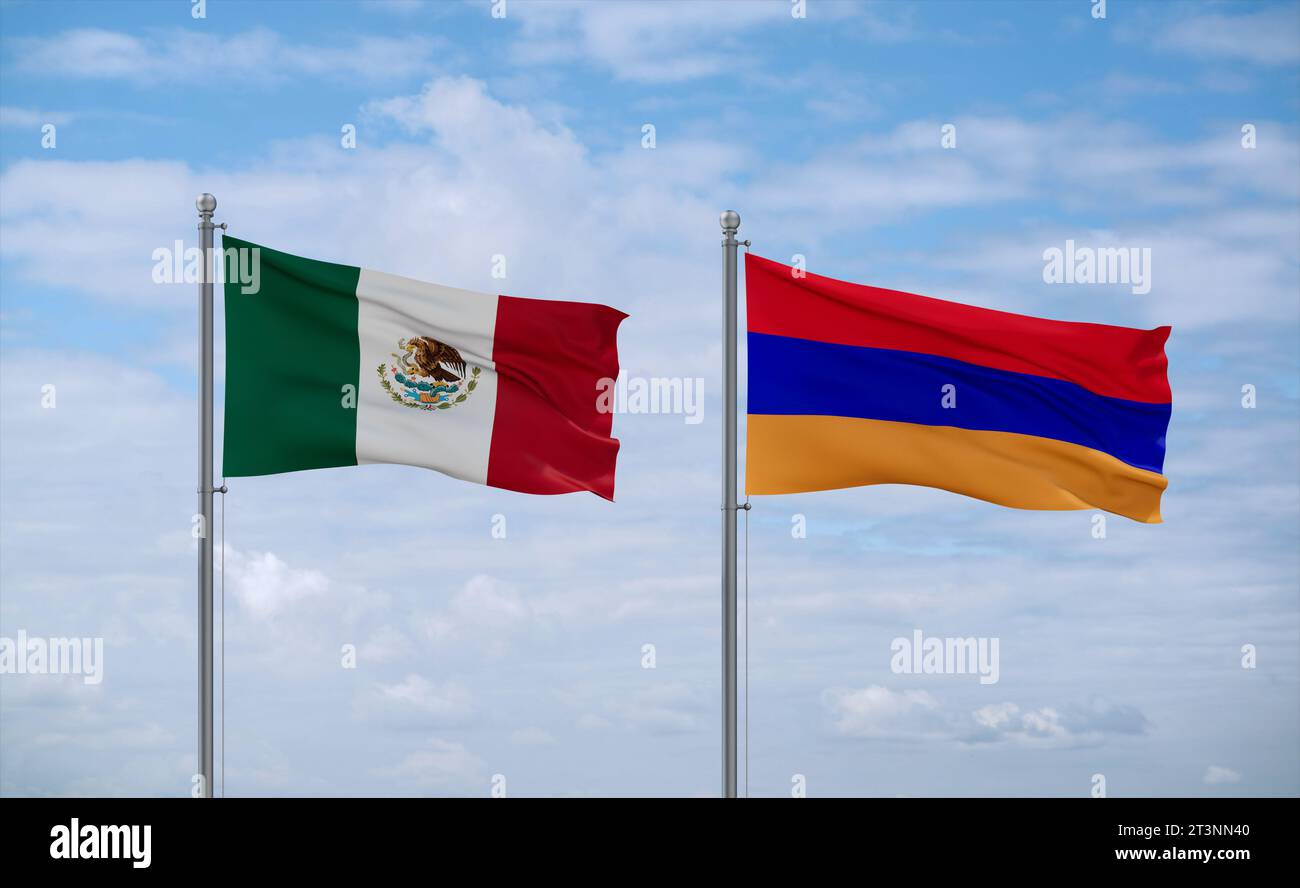 Armenia and Mexico flags waving together in the wind on blue cloudy sky ...