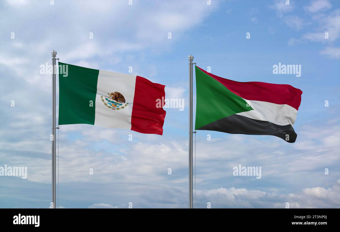 Sudan and Mexico flags waving together in the wind on blue cloudy sky ...