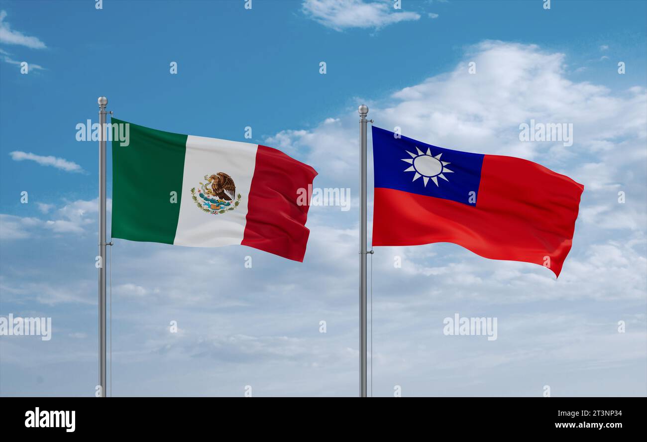 Taiwan and Mexico flags waving together in the wind on blue cloudy sky ...
