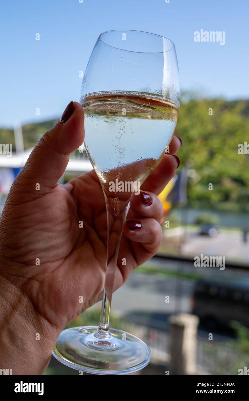 Wine tasting. Traditional method of production of cremant sparkling
