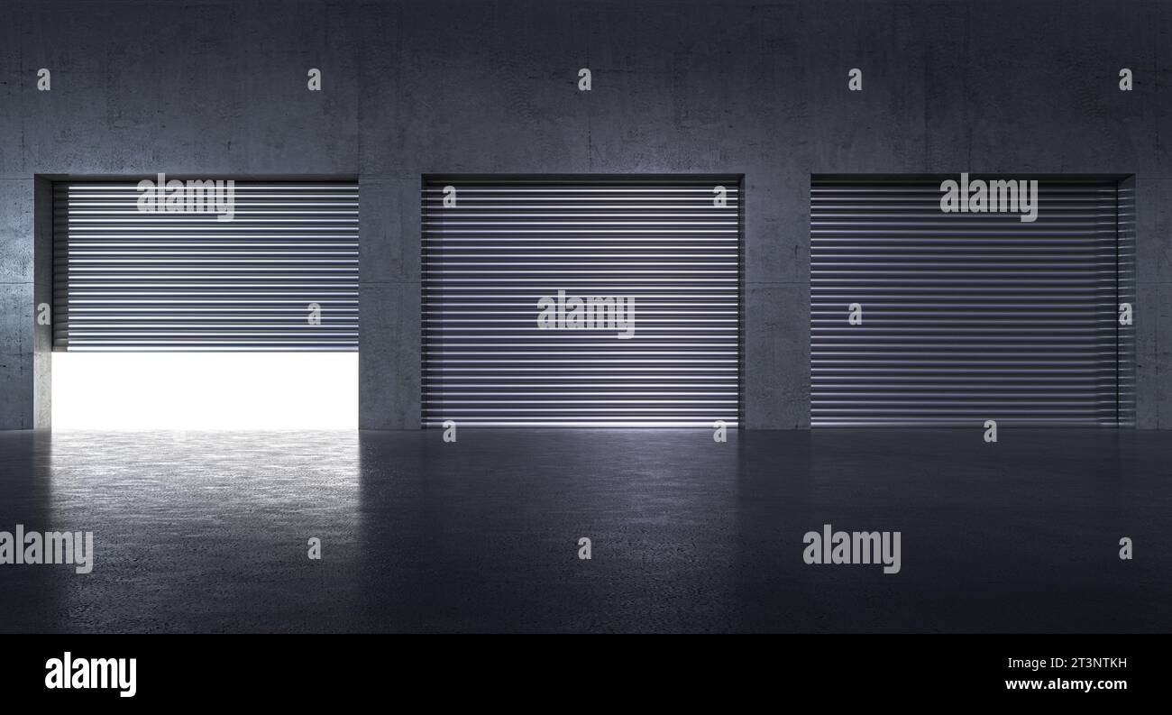 garages with metal shutters and concrete wall, light inside. 3d render