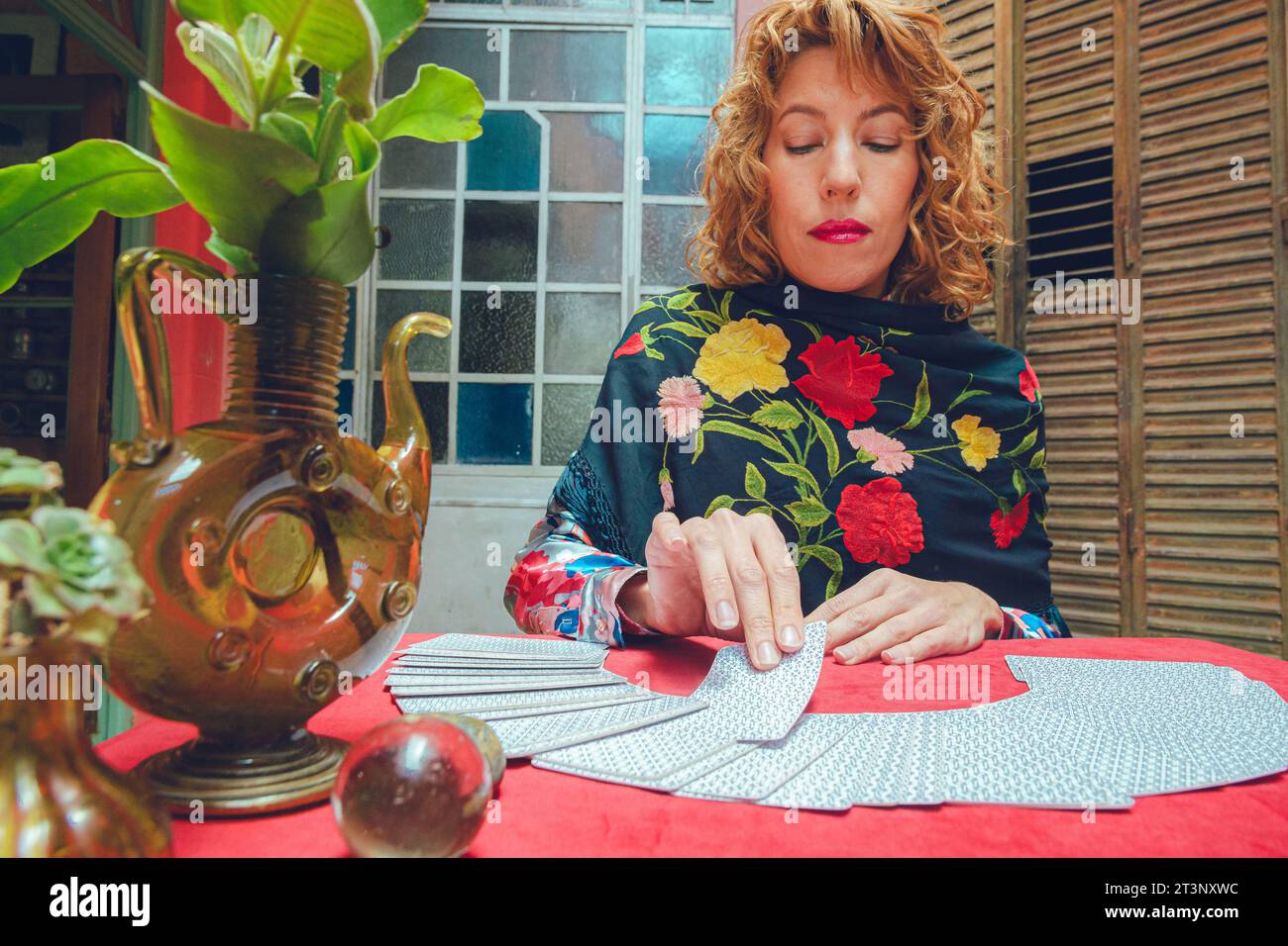 Front view of elegant blonde-haired Latin tarot reader woman sitting at home taking card from tarot deck, starting consultation with universe, copy sp Stock Photo