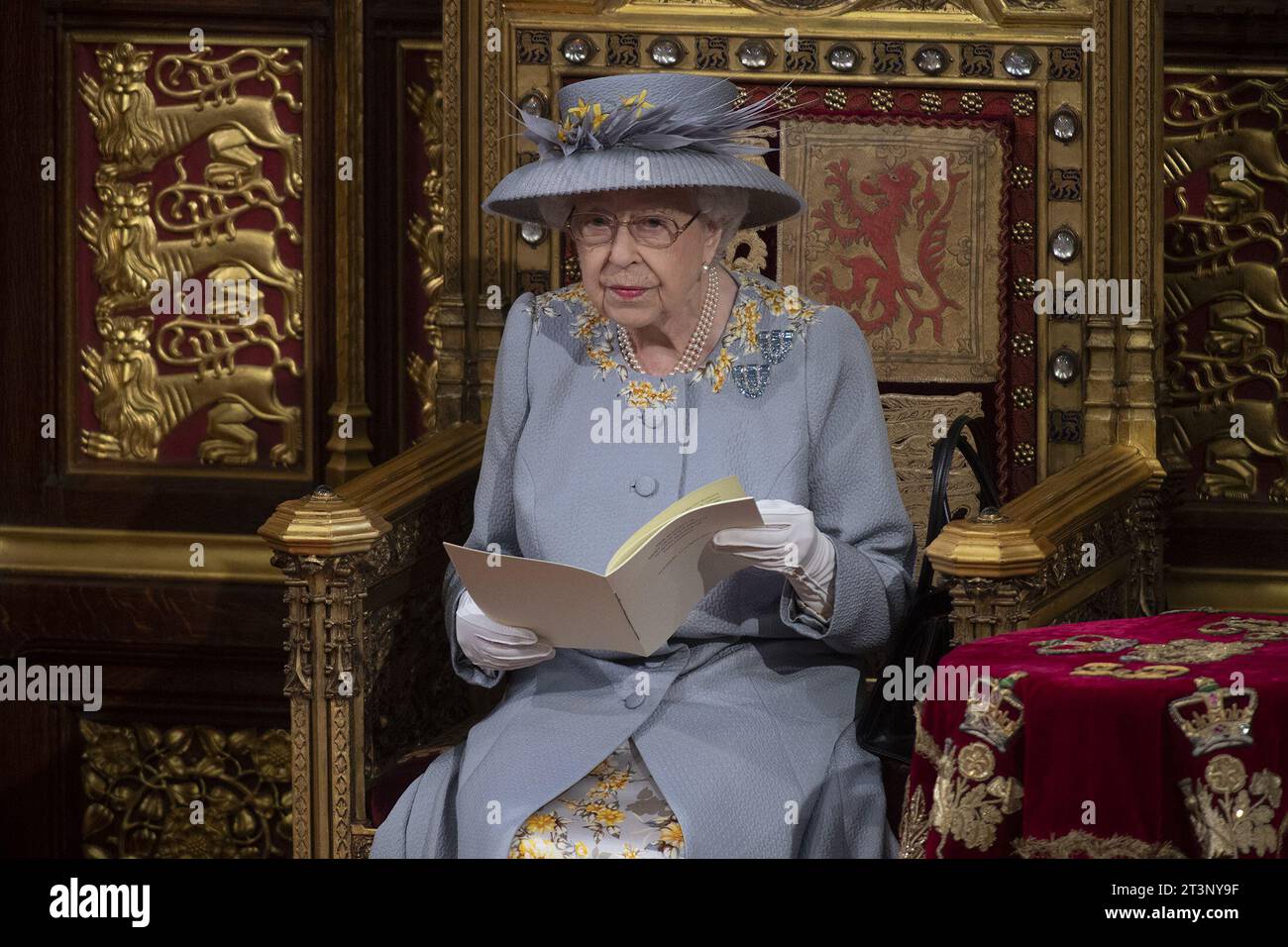 File photo dated 11/05/21 of Queen Elizabeth II delivering a speech from the throne in House of Lords at the Palace of Westminster in London. Parliament has been formally prorogued by a king for the first time in more than 70 years, following the death of Queen Elizabeth II. The announcement was read out on behalf of her son and current monarch, Charles, at a traditional ceremony in the House of Lords marking the end of the parliamentary session attended by both MPs and peers. Stock Photo