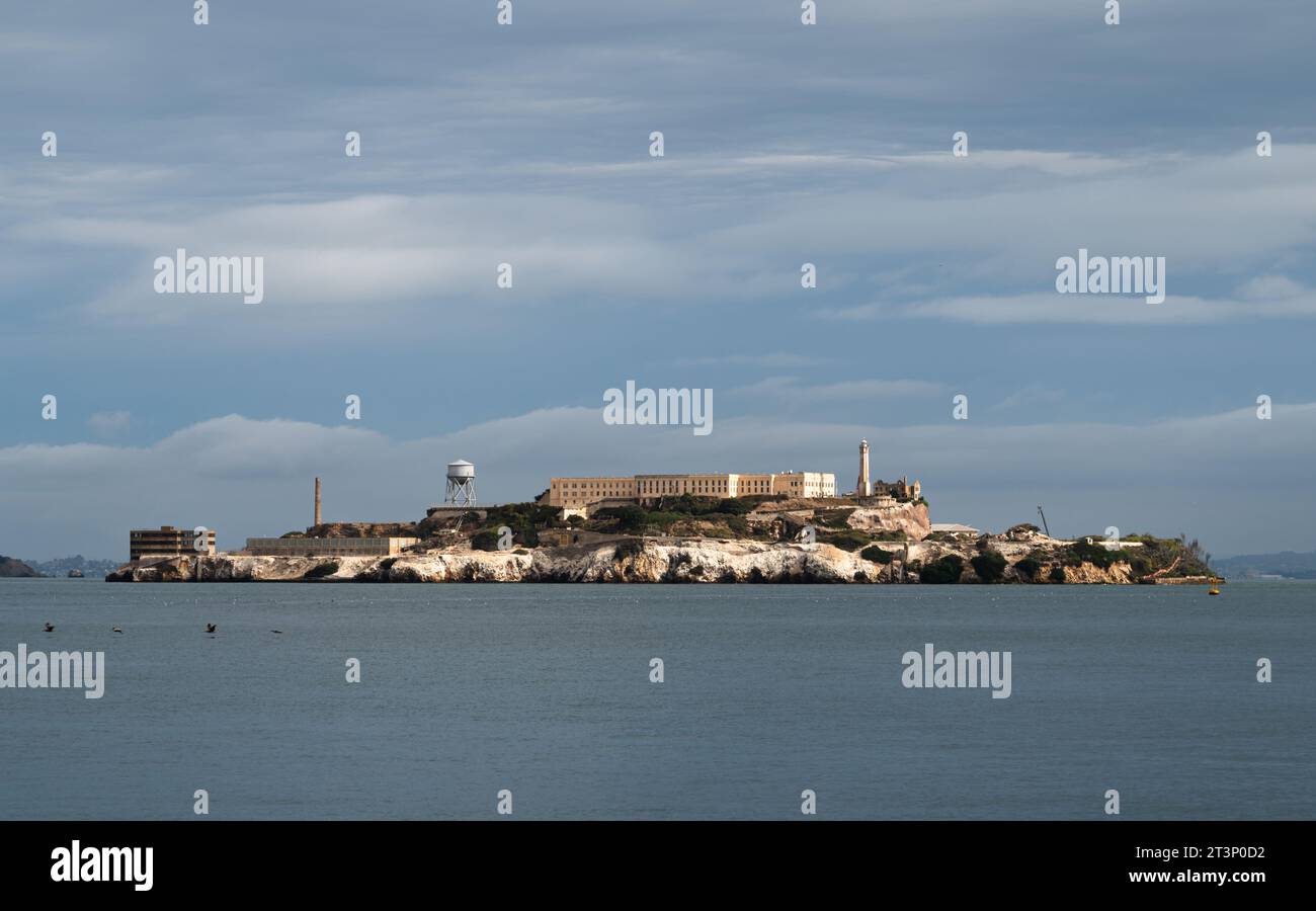 View of Alcatraz Island in sunlight Stock Photo