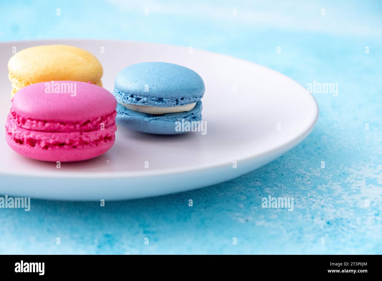 three different colored macarons on a pink plate on a blue background Stock Photo