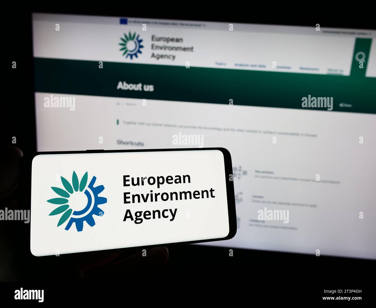 Person holding smartphone with logo of EU institution European Environment Agency (EEA) in front of website. Focus on phone display. Stock Photo