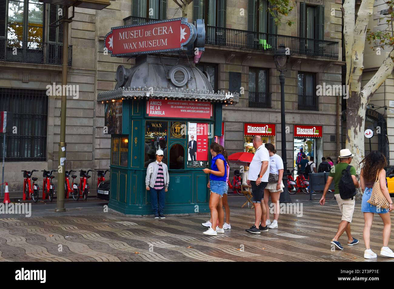 Booking office  on pedestrian walkway for the Barcelona wax works -  Barcelona Spain 31 July 2023 Stock Photo
