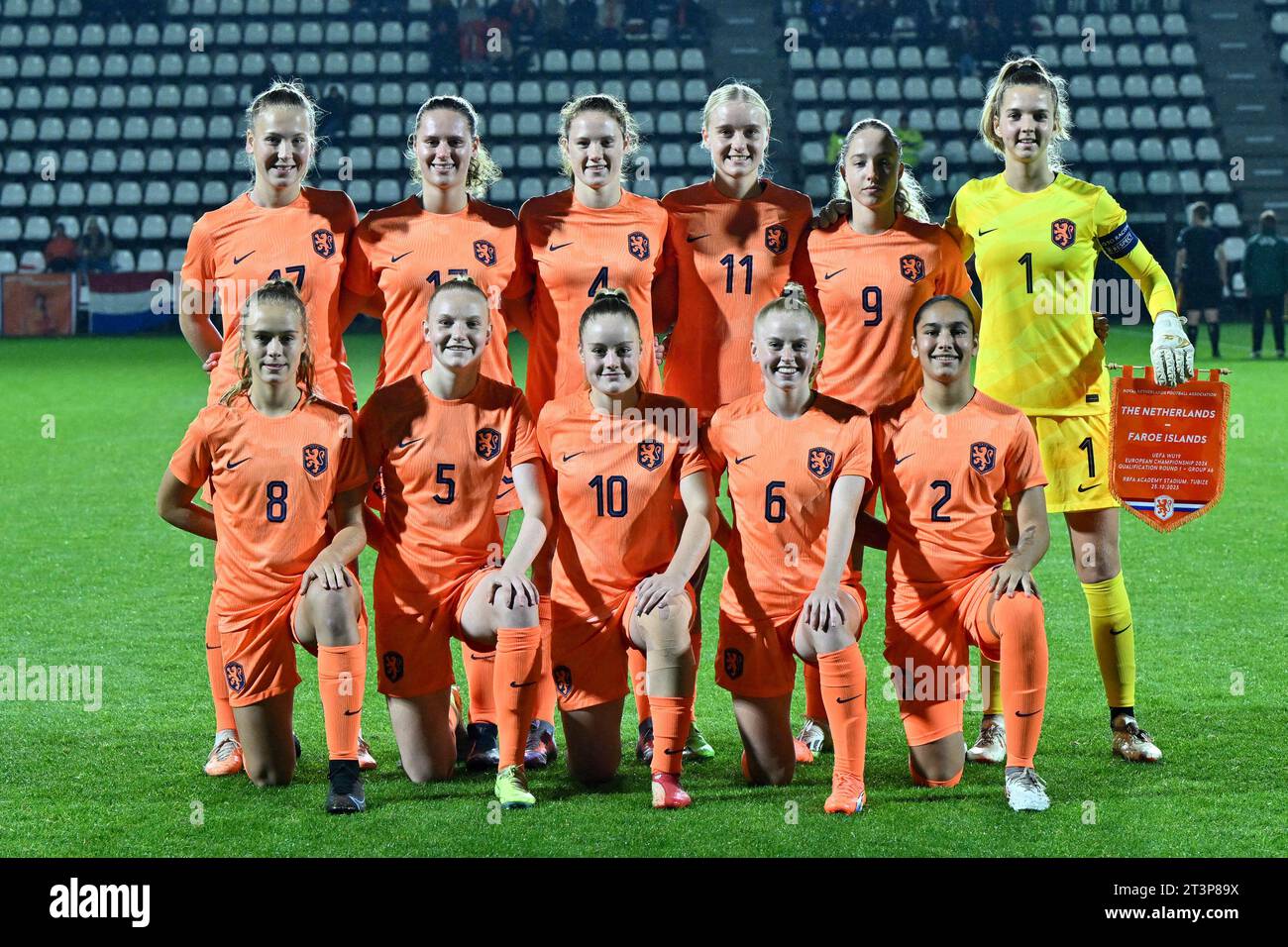 players of The Netherlands with Fieke Kroese (17) of the Netherlands, =Maud Rutgers (13) of the Netherlands, Veerle Buurman (4) of the Netherlands, Bo van Egmond (11) of the Netherlands, Danique Tolhoek (9) of the Netherlands, goalkeeper Femke Liefting (1) of the Netherlands, Ilse Kemper (8) of the Netherlands, Emma Frijns (5) of the Netherlands, Senne van de Velde (10) of the Netherlands, Kealyn Thomas (6) of the Netherlands and Daliyah de Klonia (2) of the Netherlands pose for a team photo during a female soccer game between the national women under 19 teams of The Netherlands and Faroe Isla Stock Photo