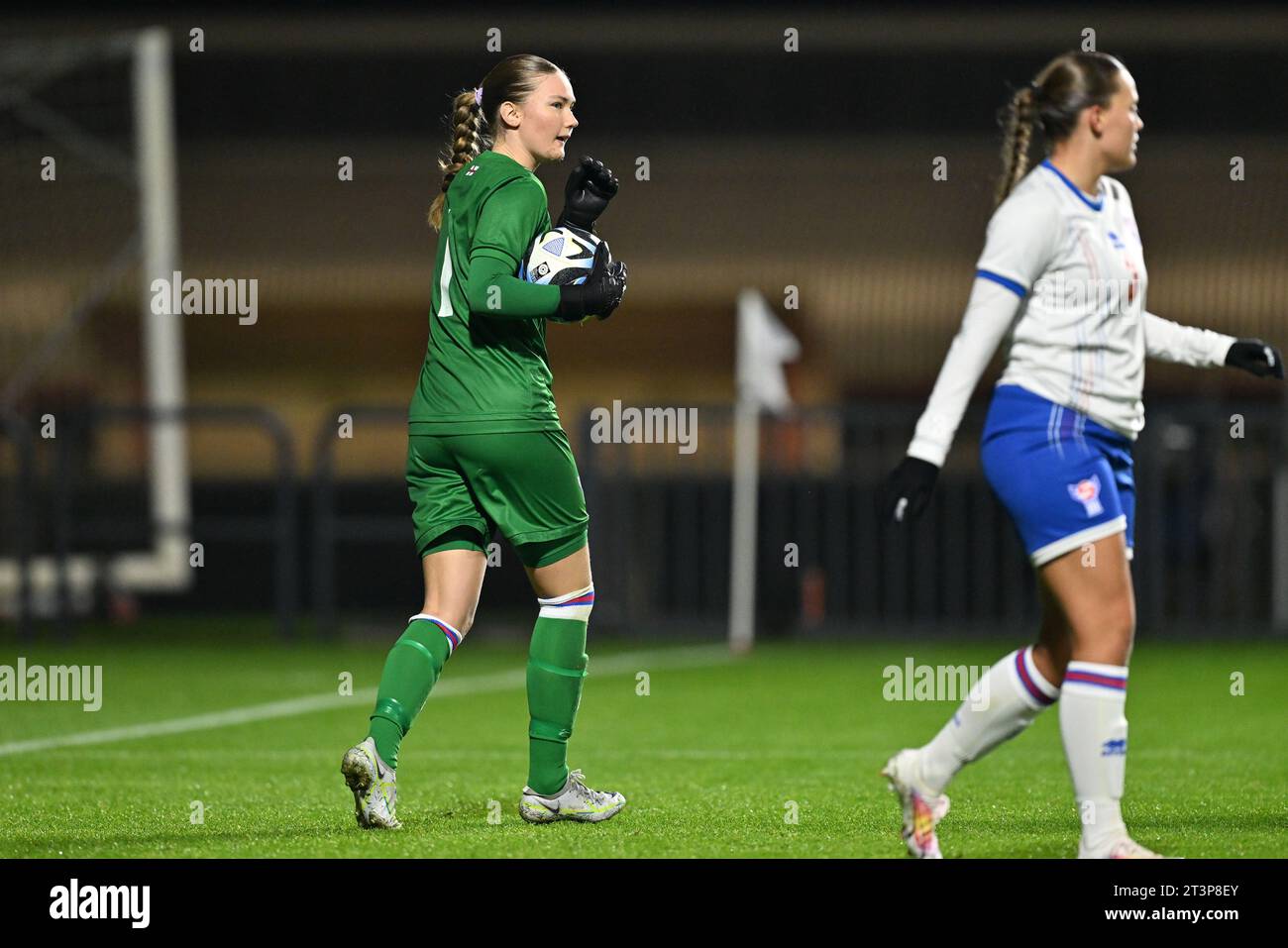 goalkeeper Gunnva Lutzen (1) of Faroe Islands pictured during a female soccer game between the national women under 19 teams of The Netherlands and Faroe Islands at the UEFA Women’s Under-19 Qualifying round on the first matchday in Group A6 on  Wednesday 25 October 2023  in Tubize , Belgium . PHOTO SPORTPIX | David Catry Stock Photo
