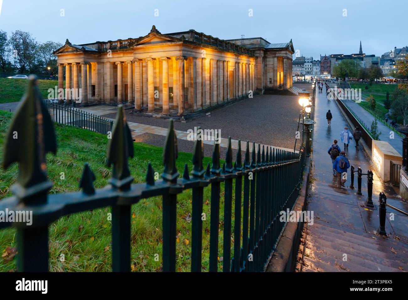 Evening view of floodlit Scottish National Gallery on The Mound from Playfair Steps in Edinburgh, Scotland, UK Stock Photo