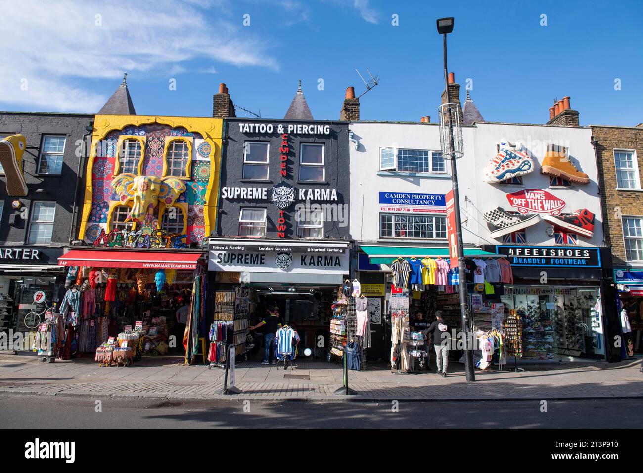 Colourful shops and buildings on the High Street in Camden Town, London ...