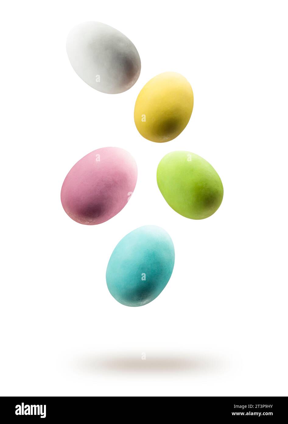 Colorful easter eggs floating on white background. Stock Photo