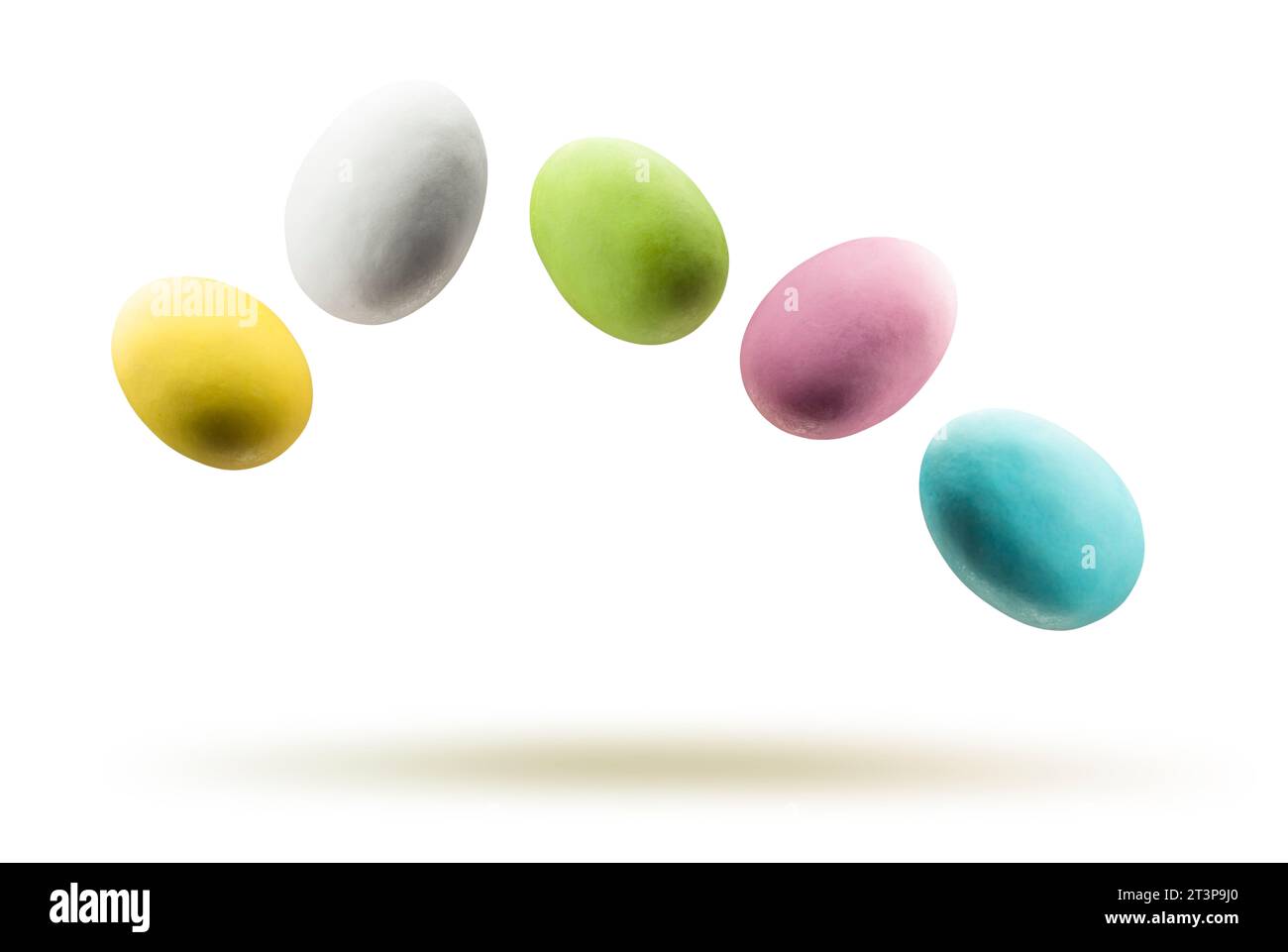 Colorful easter eggs floating on white background. Stock Photo