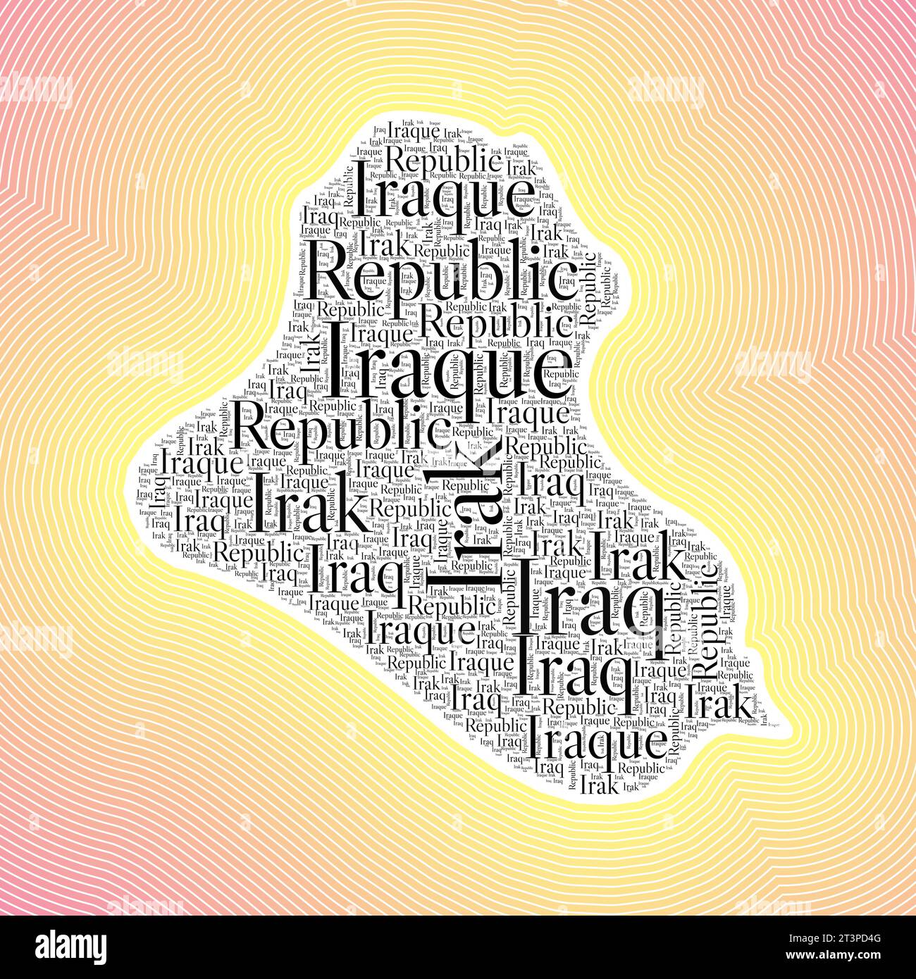 Iraq shape formed by country name in multiple languages. Iraq border on