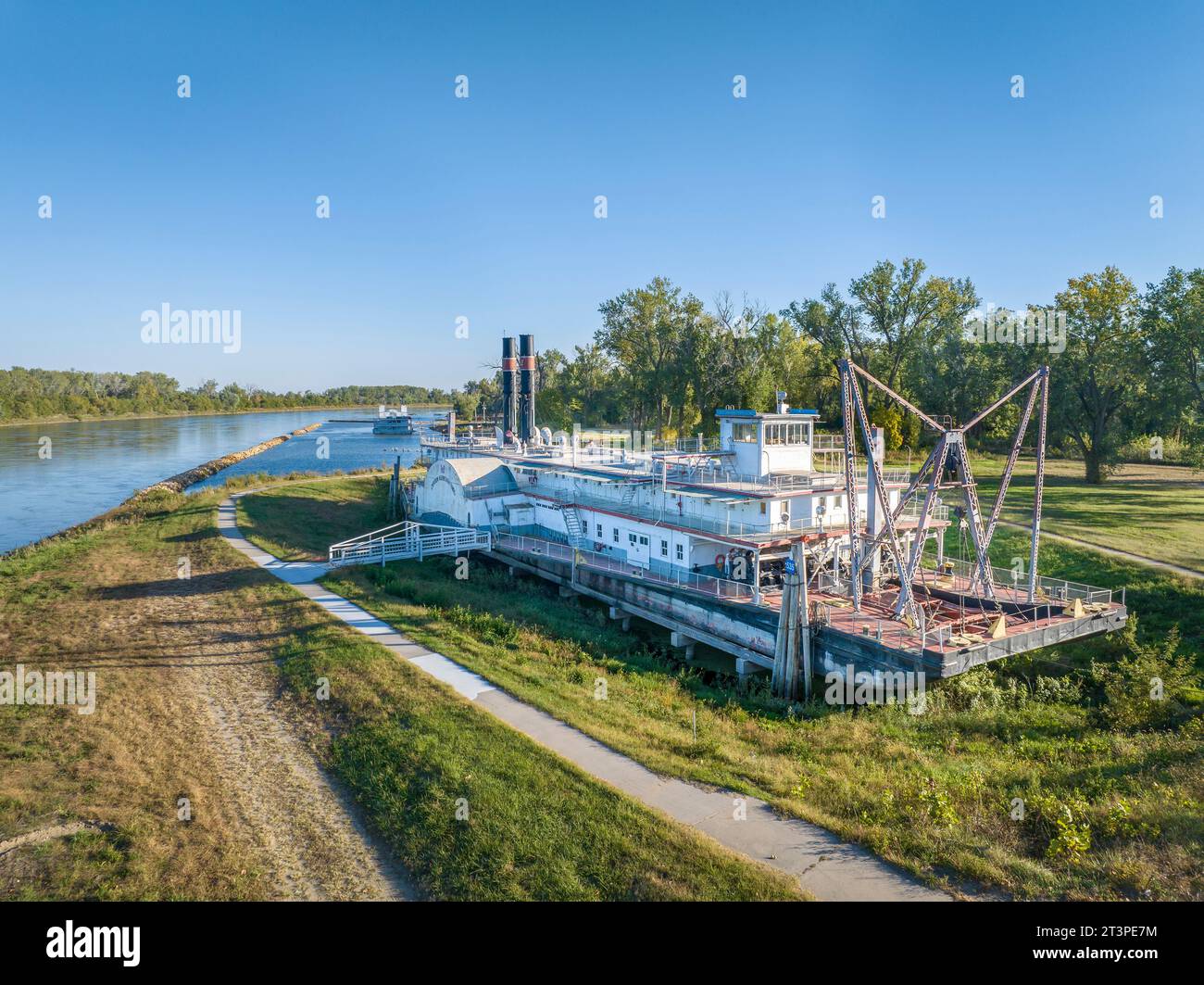 Brownville, NE, USA - October 6, 2023:  Historic dredge, Captain Meriwether Lewis, in a dry dock on a shore of Missouri River, aerial view. Stock Photo