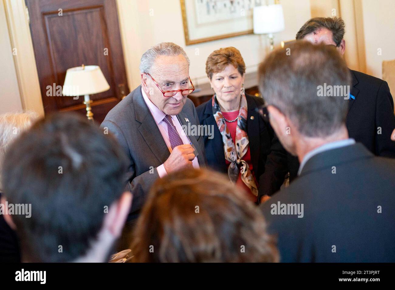 Washington, United States. 26th Oct, 2023. Senate Majority Leader Chuck Schumer, D-NY, is given a dog tag inscribed with 'Bring Them Home- Now' while meeting with family members of hostages held by Hamas at the U.S. Capitol in Washington, DC on Thursday, October 26, 2023. Photo by Bonnie Cash/UPI Credit: UPI/Alamy Live News Stock Photo
