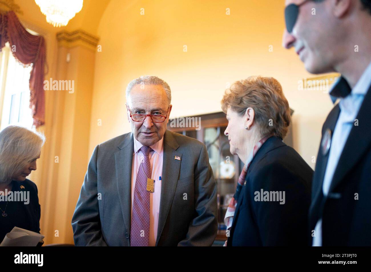 Washington, United States. 26th Oct, 2023. Senate Majority Leader Chuck Schumer, D-NY, looks on after meeting with families of hostages held by Hamas at the U.S. Capitol in Washington, DC on Thursday, October 26, 2023. Schumer was given a dog tag inscribed with 'Bring Them Home - Now.' Photo by Bonnie Cash/UPI Credit: UPI/Alamy Live News Stock Photo
