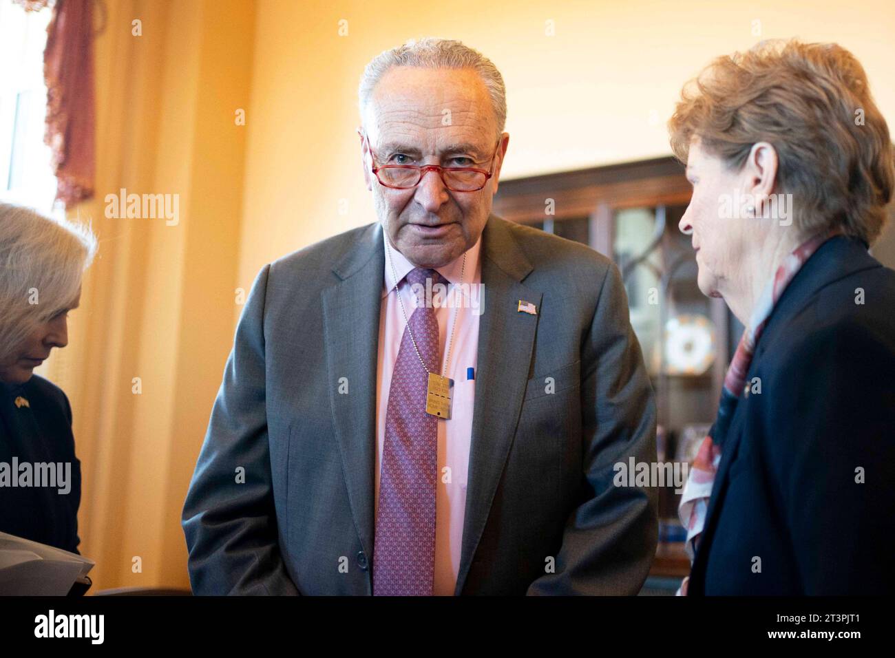 Washington, United States. 26th Oct, 2023. Senate Majority Leader Chuck Schumer, D-NY, looks on after meeting with families of hostages held by Hamas at the U.S. Capitol in Washington, DC on Thursday, October 26, 2023. Schumer was given a dog tag inscribed with 'Bring Them Home - Now.' Photo by Bonnie Cash/UPI Credit: UPI/Alamy Live News Stock Photo