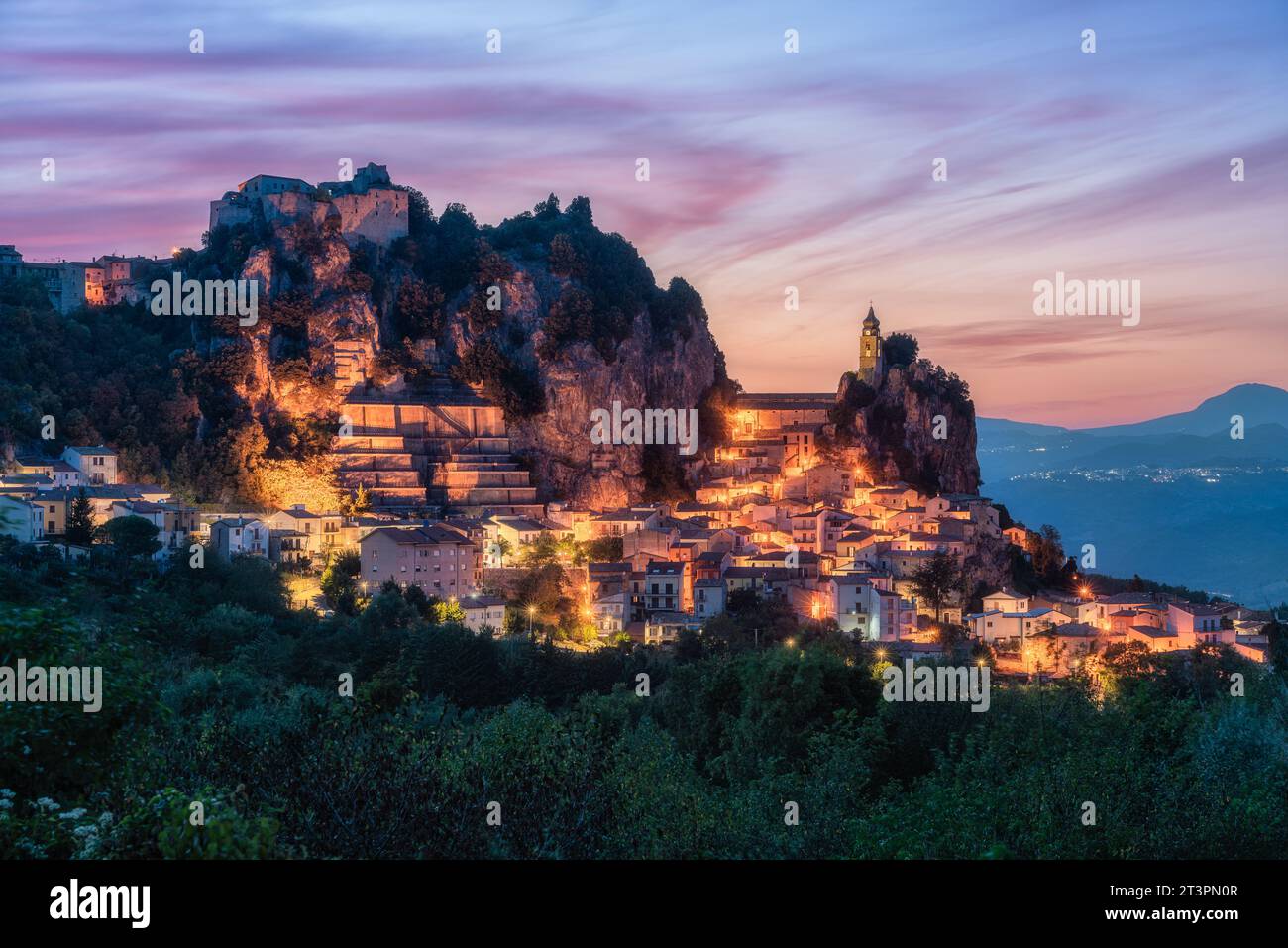 The beautiful village of Bagnoli del Trigno illuminated at sunset. Province of Isernia, Molise, Italy. Stock Photo