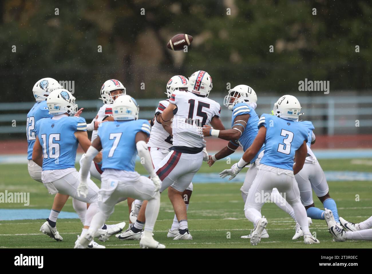 Columbia Lions defense knocks the ball loose as the fumble goes up for grabs during action in the NCAA football game against the Penn Quakers at Robert K. Kraft Field at Lawrence A. Wien Stadium in New York, New York, Saturday, Oct. 14, 2023. (Photo: Gordon Donovan) Stock Photo