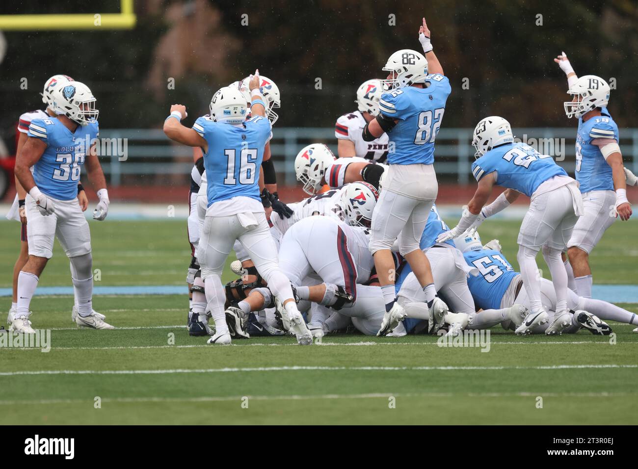 Columbia Lions defense signals as they recover a fumble  during action in the NCAA football game against the Penn Quakers at Robert K. Kraft Field at Lawrence A. Wien Stadium in New York, New York, Saturday, Oct. 14, 2023. (Photo: Gordon Donovan) Stock Photo