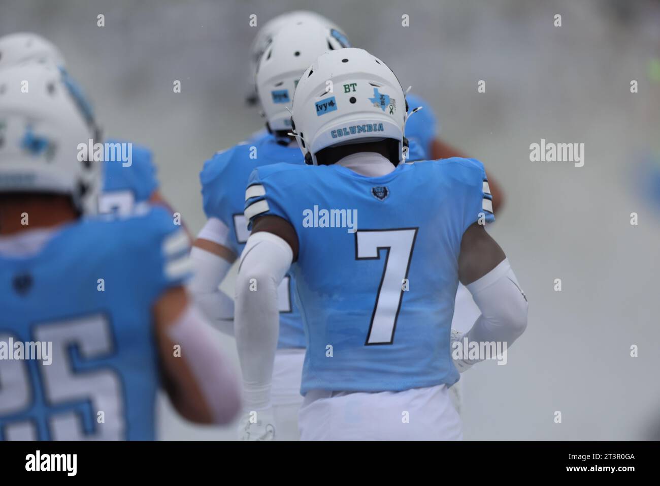 Columbia Lions players run out on the field before the NCAA football game against the Penn Quakers at Robert K. Kraft Field at Lawrence A. Wien Stadium in New York, New York, Saturday, Oct. 14, 2023. (Photo: Gordon Donovan) Stock Photo