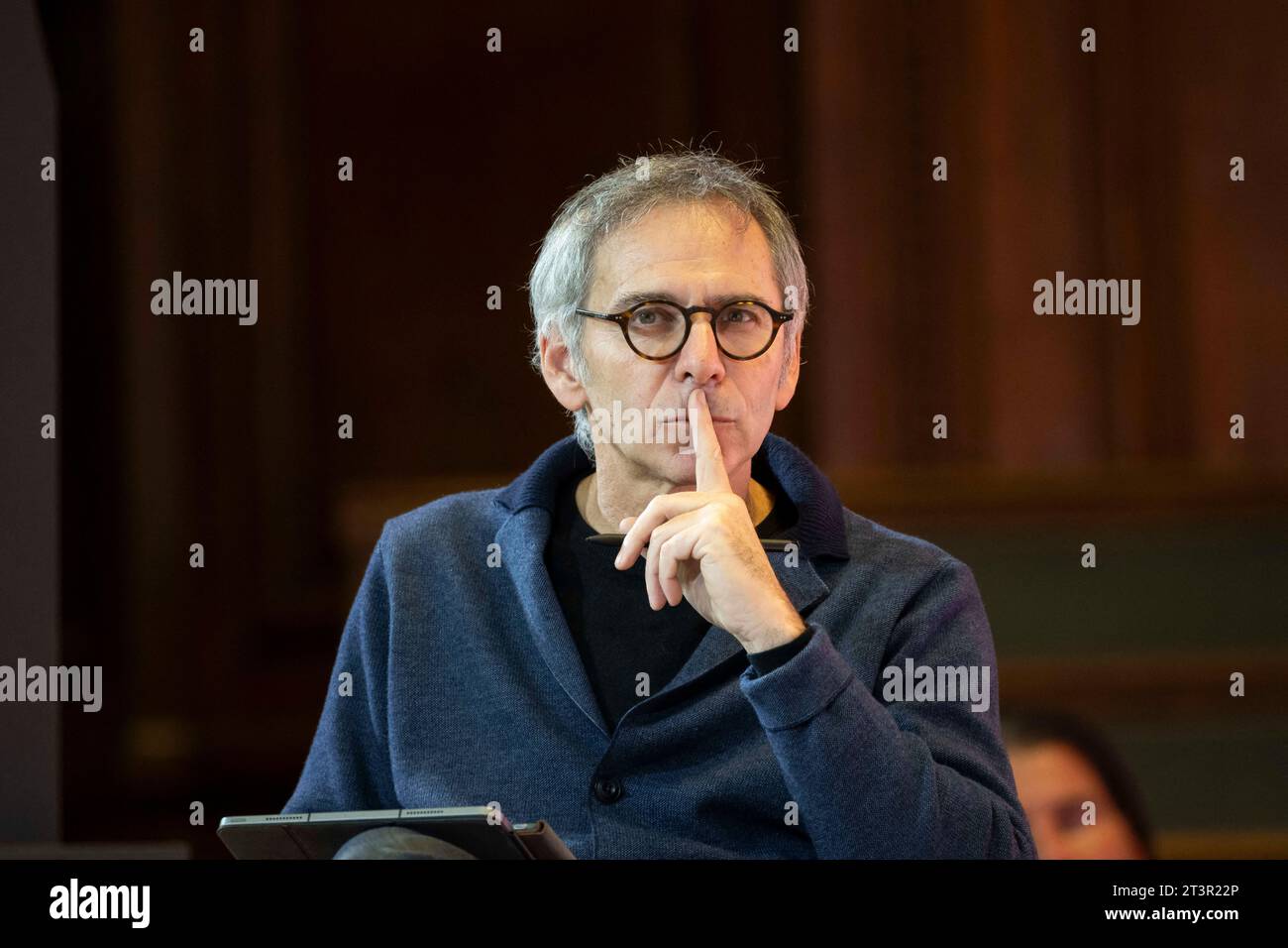 Paris, France. 26th Oct, 2023. Gilles Finchelstein during a presentation by French Prime Minister of measures in response to the urban riots in June, in the presence of many ministers and mayors, in an amphitheatre of the Sorbonne University in Paris on October 26, 2023. Photo by Eliot Blondet/ABACAPRESS.COM Credit: Abaca Press/Alamy Live News Stock Photo