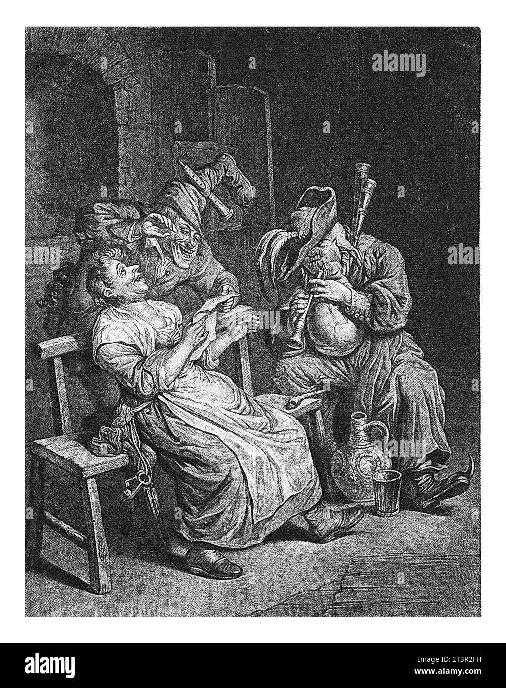 The audience, Cornelis Dusart, 1670 - 1704 A bagpipe player and a singing man and woman make music together. The man has an inverted boot on his head. Stock Photo