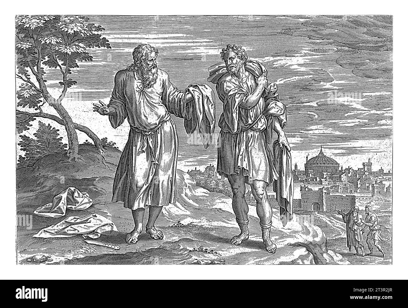 Jeroboam and the prophet Ahijah, Hans Collaert (I) (attributed to), after Ambrosius Francken (I), 1585 The prophet Ahijah has torn his robe into twelv Stock Photo
