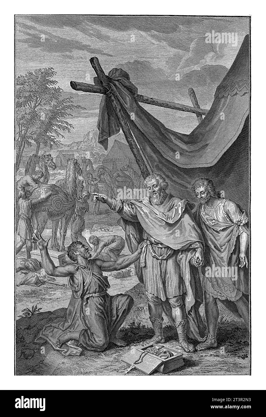 Eliezer promises that he will find a wife for Isaac, Gilliam van der Gouwen, after Gerard Hoet (I), 1728 Eliezer, Abraham's servant, swears an oath an Stock Photo