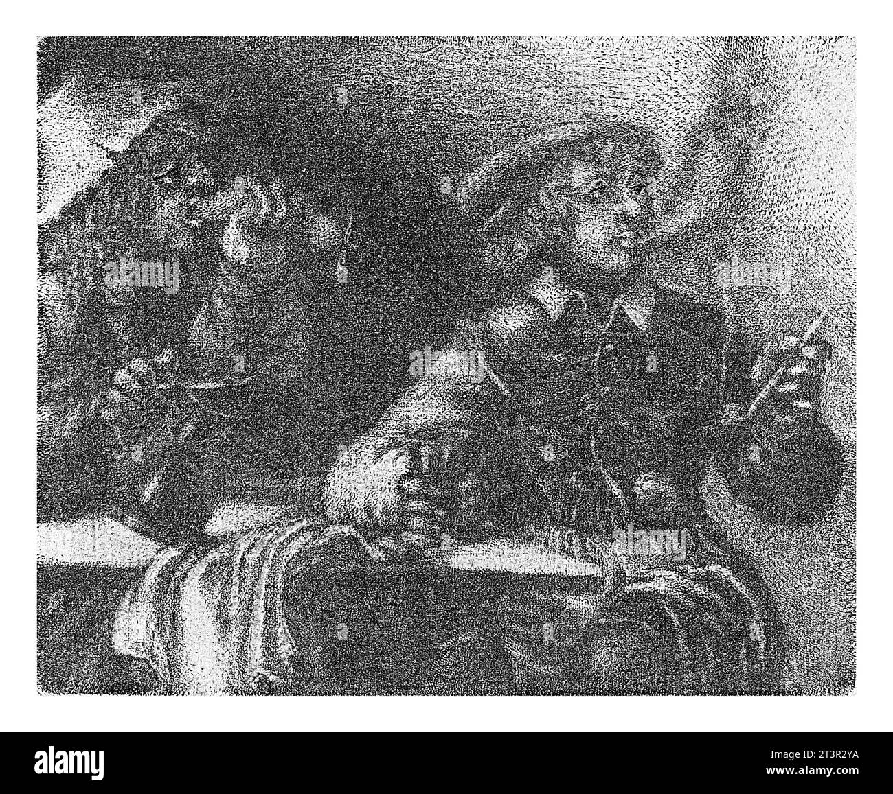 Smoking and Eating Men, Jacobus Harrewijn, 1690 De Smaak. Two men sit at a table smoking and drinking. One of the men sinks his teeth into a sausage. Stock Photo
