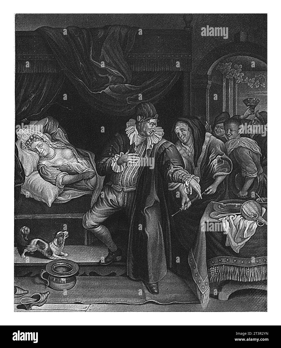 Sickbed, Abraham de Blois, after Jan Havicksz. Steen, 1679 - 1726 A doctor visits a sick woman on her bed. There is a chamber pot next to the bed. Stock Photo