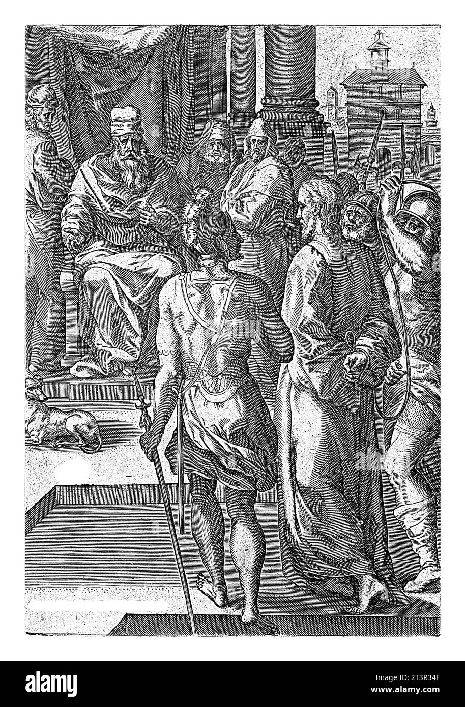 Christ for Herod, Johannes Wierix, after Crispijn van den Broeck, 1576 Christ is brought to King Herod by armed soldiers. Herod questions Christ, but Stock Photo