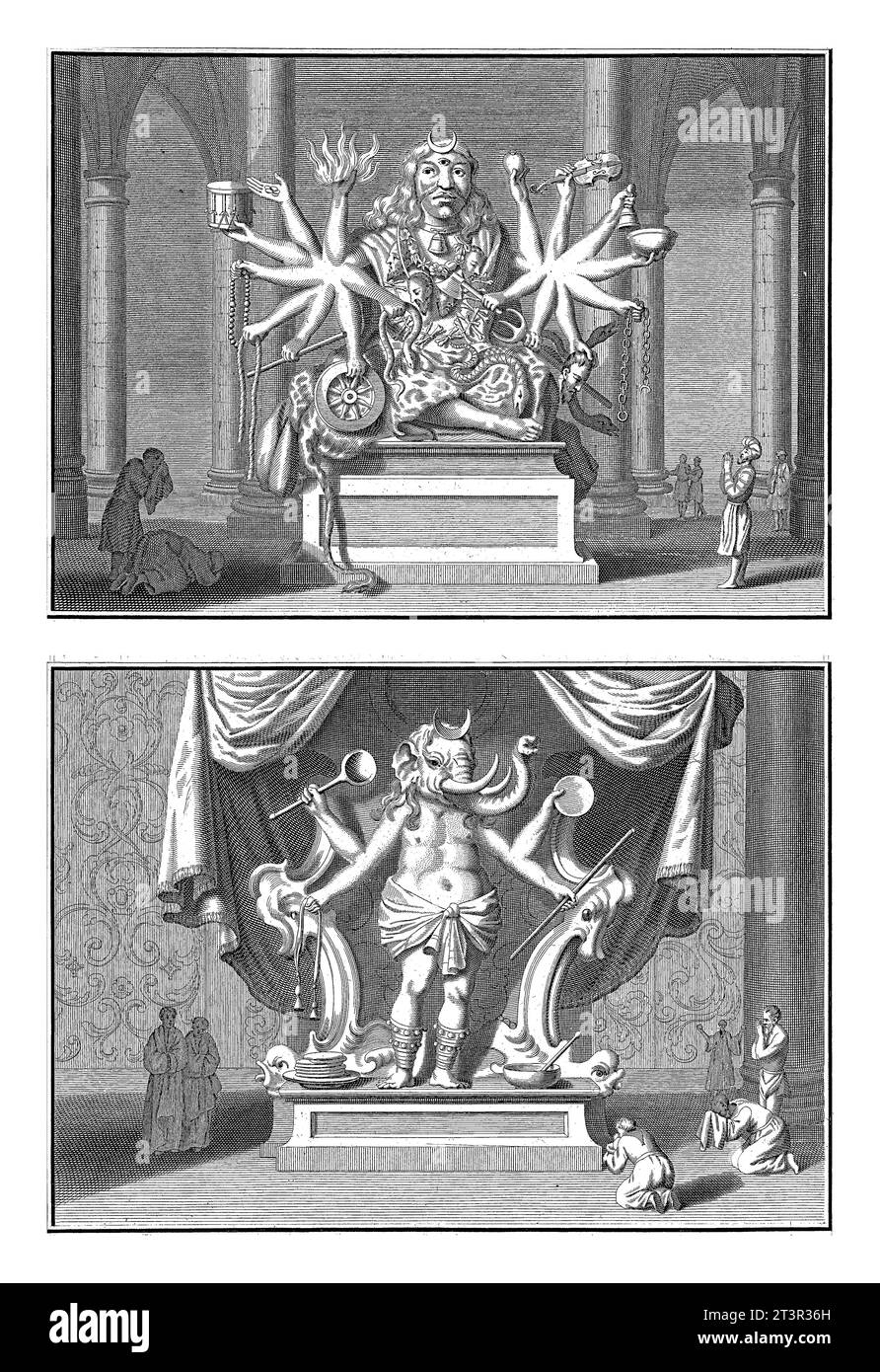 Statues of Two Indian Gods, Bernard Picart (workshop of), 1722 Two representations of statues of Indian gods, respectively Shiva (Ixora) and his son G Stock Photo