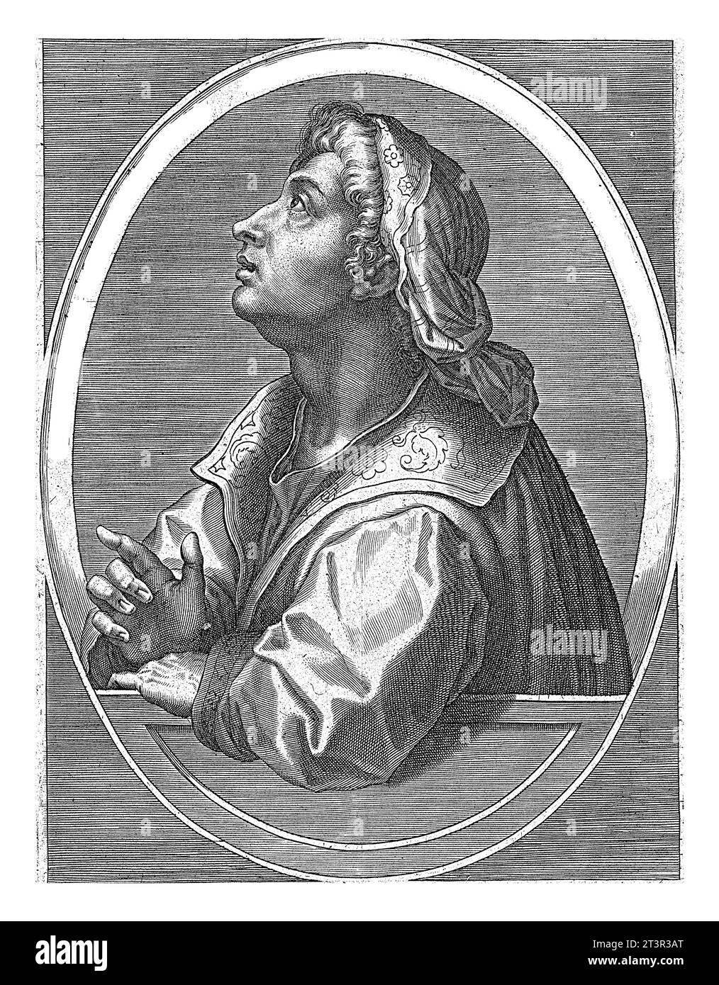 Ezekiel, Cornelis Galle (I), after Jan van der Straet, 1613 The prophet Ezekiel, in oval with Latin edge writing. Stock Photo