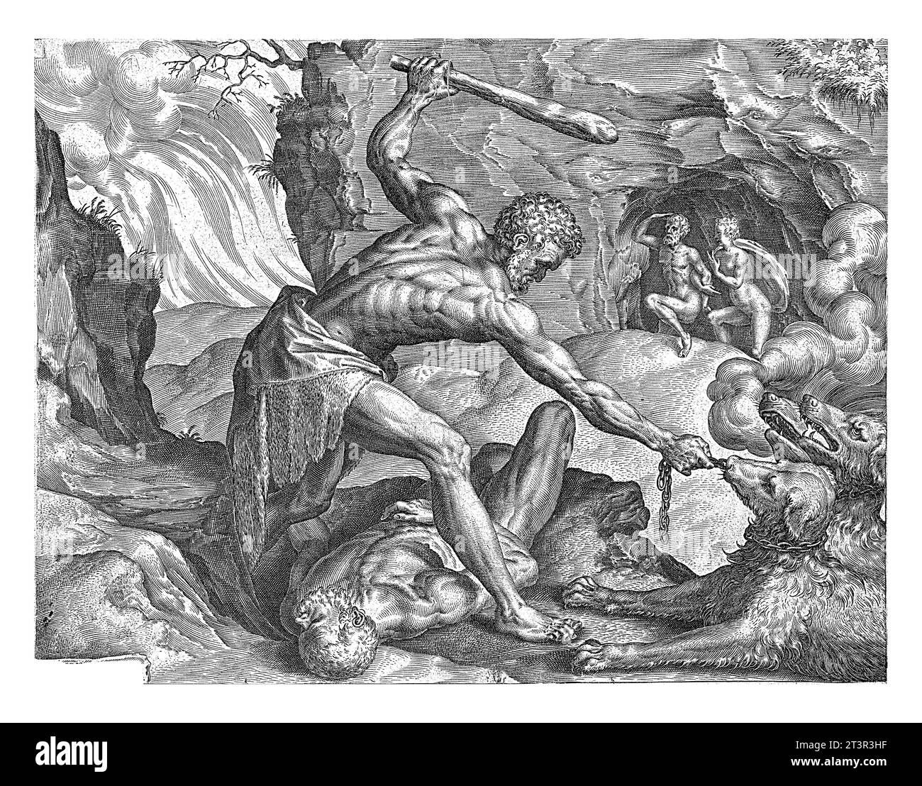 Hercules drags Cerberus out of Hell, Cornelis Cort, after Frans Floris (I), 1563 Hercules takes Cerberus, the three-headed dog who guards the entrance Stock Photo