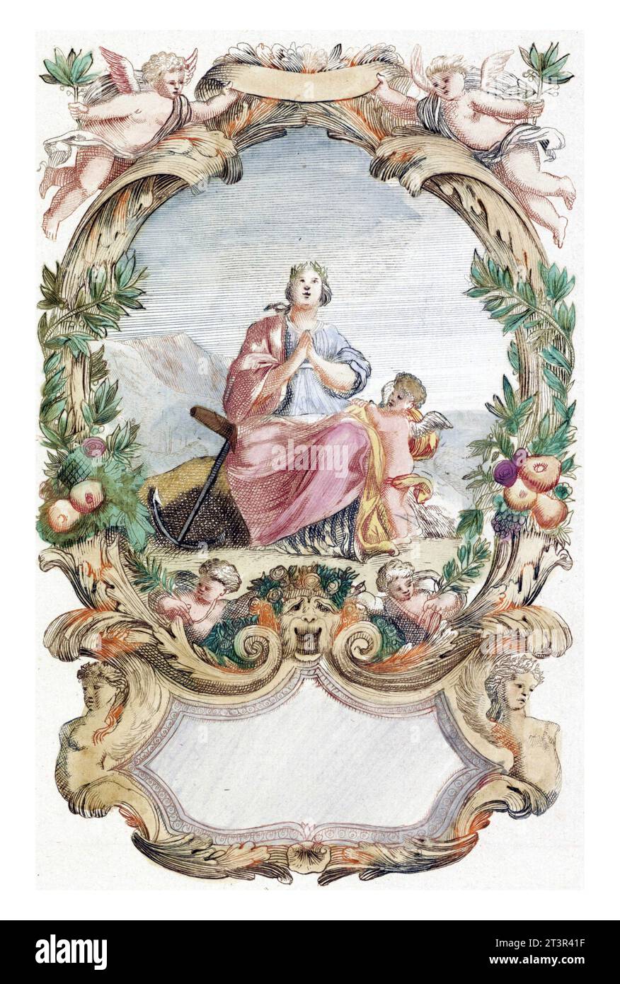 Personification of Hope, anonymous, 1688 - 1698 The Hope, with her anchor beside her, looks up at the sky with folded hands. Next to her is a putto. Stock Photo