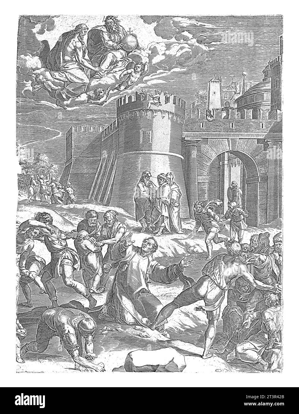 Stoning of St. Stephen, Cornelis Cort, after Marcello Venusti, 1577 Saint Stephen kneels on the ground and is stoned to death in front of the tower of Stock Photo