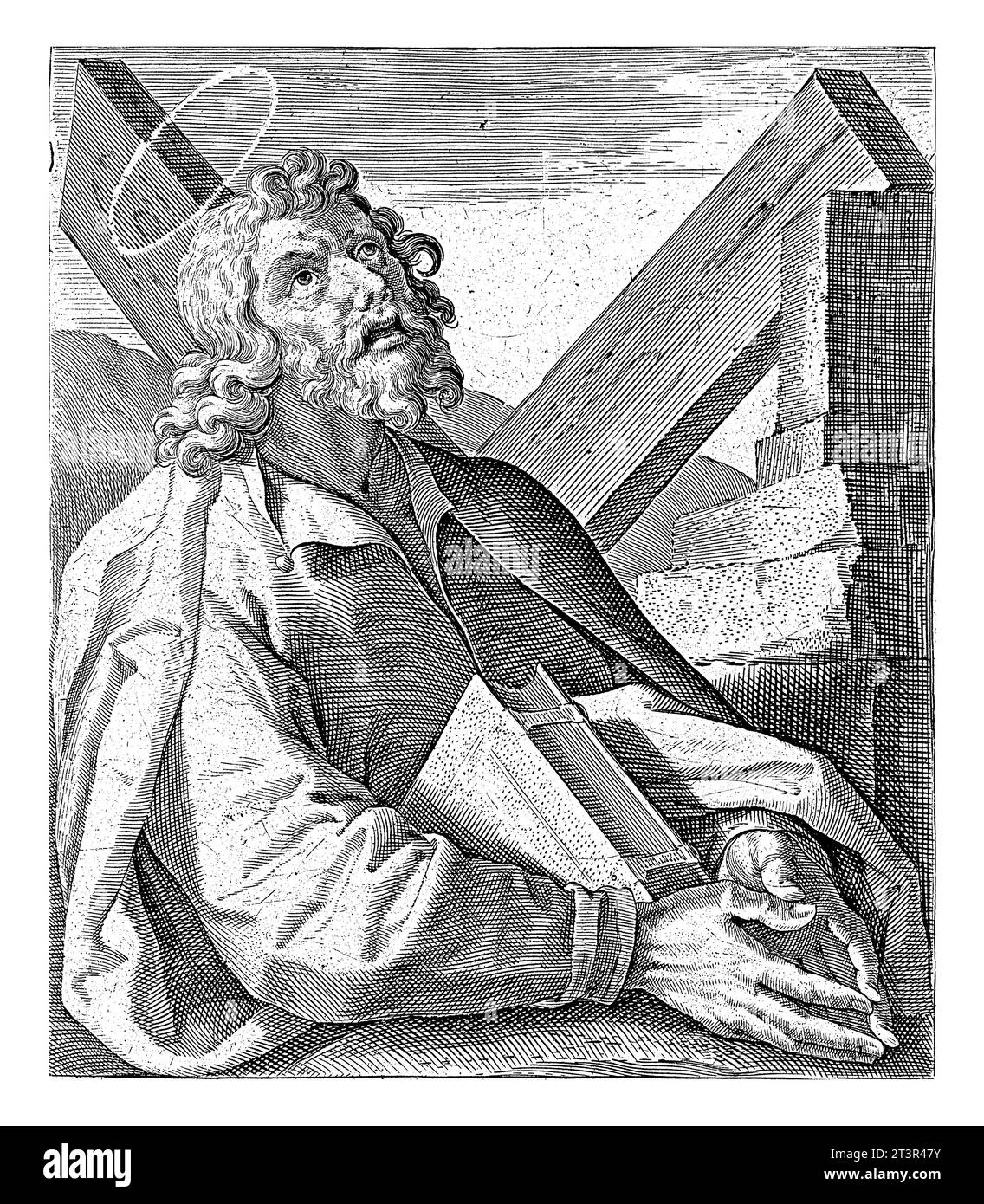 Apostle Andrew, Crispijn van de Passe (I), after Joos van Winghe, 1594 Bust of the apostle Andrew, a book between his arms and a St. Andrew's cross be Stock Photo