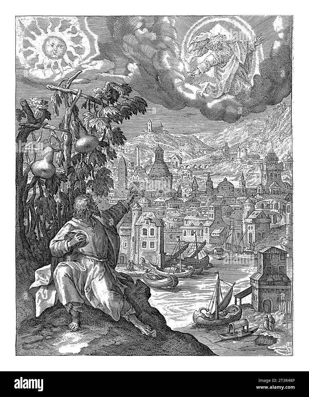 Jonah sits under the gourd, Crispijn van de Passe (I), after Maerten de Vos, 1574 - 1637 Jonah sits on a rock above the city of Nineveh and speaks wit Stock Photo