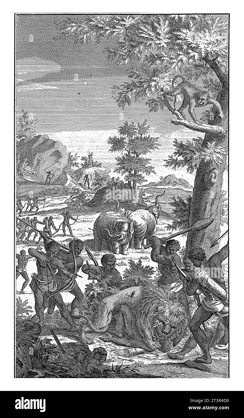 Hunting wild animals by the Khoi, Abraham Zeeman, 1727 Khoi hunting a lion and two elephants. Stock Photo