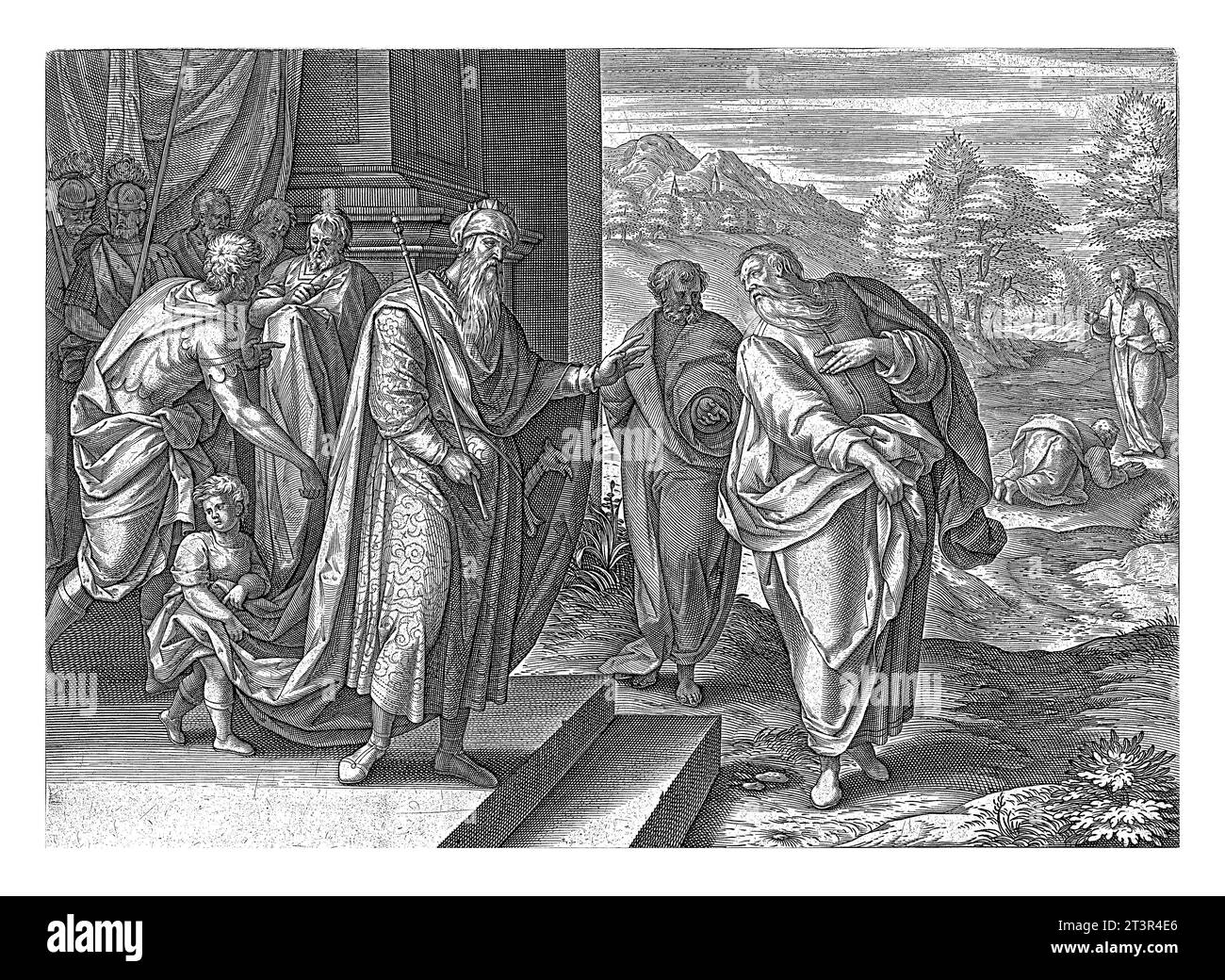 Elijah speaks a second time with King Ahab, Jan Snellinck (I), 1643 The prophet Elijah was brought to the king by Obadiah, steward of King Ahab; Stock Photo