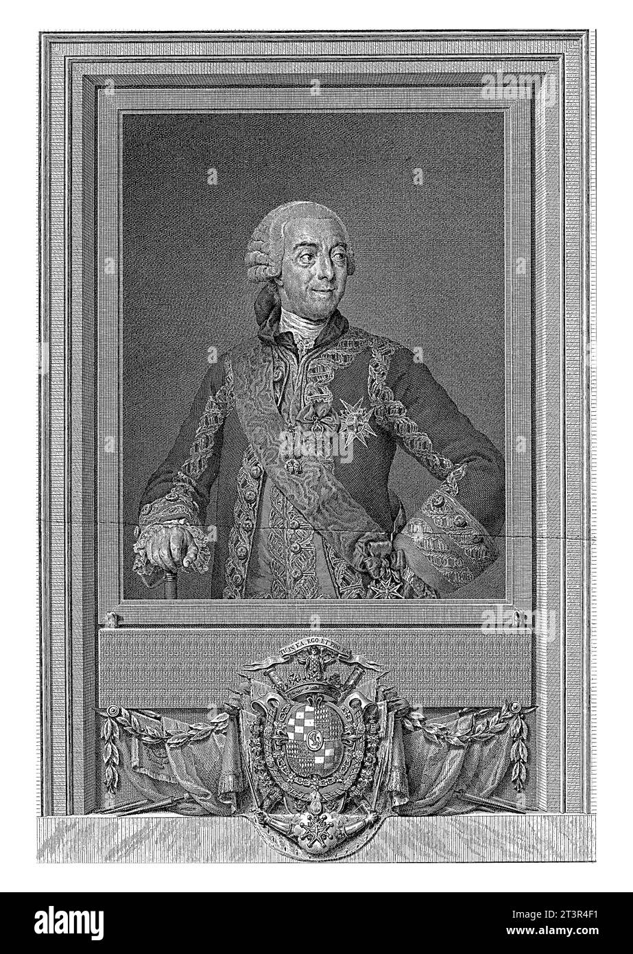 Portrait of Fernando de Silva y lvarez de Toledo, Manuel Salvador Carmona, after Anton Raphael Mengs, 1786 Below the portrait a Spanish text and a coa Stock Photo