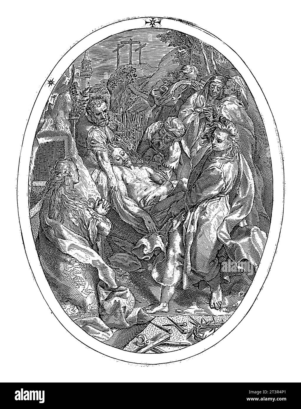 Entombment of Christ, Crispijn van de Passe (I), after Federico Barocci, 1600 Christ is laid in the rock tomb by Joseph of Arimathea and Nicodemus. Stock Photo