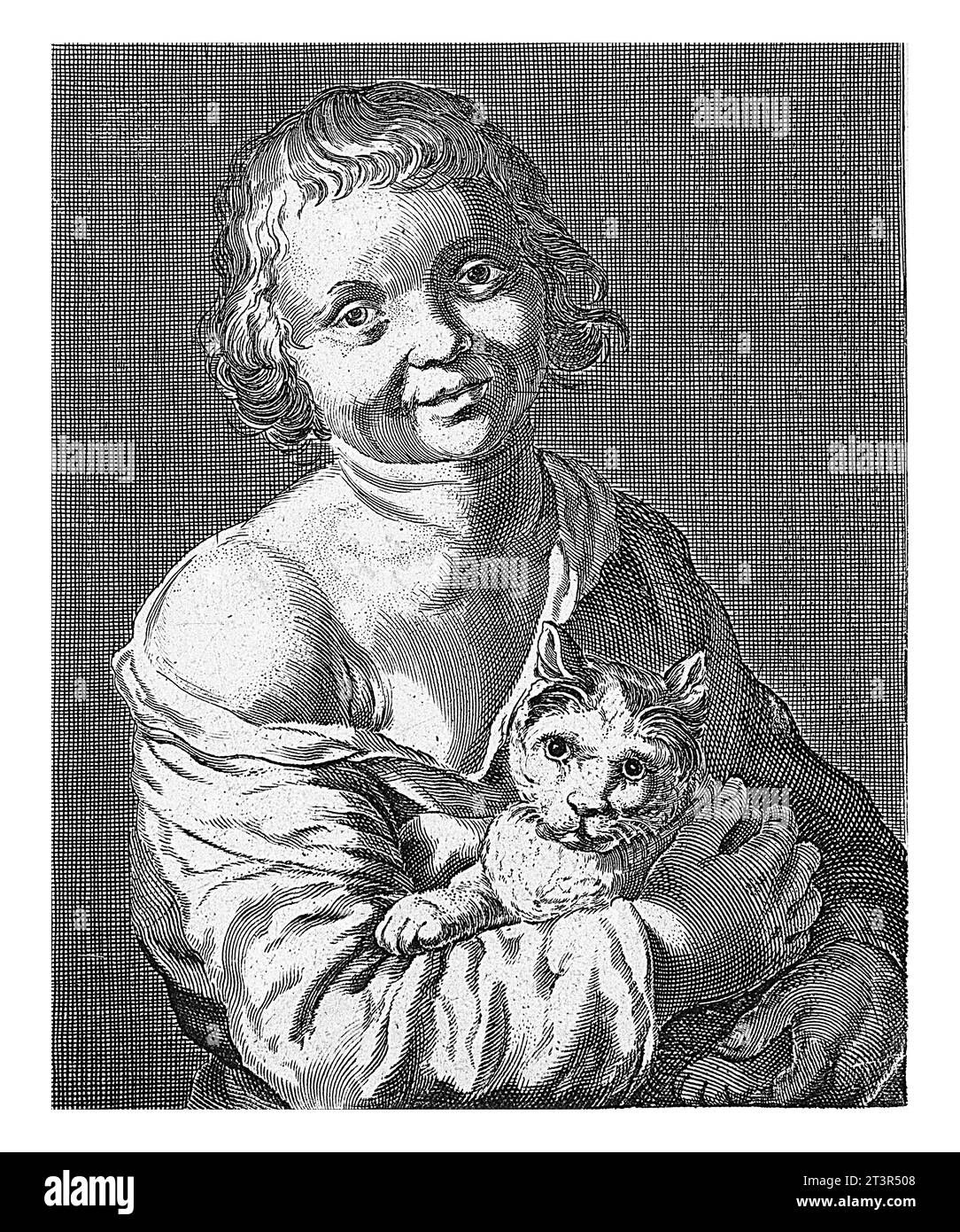 Boy with cat, Cornelis Bloemaert (II), after Hendrick Bloemaert, 1625 - 1675 A boy holds a cat in his arms, close to his body. With two-line Dutch cap Stock Photo
