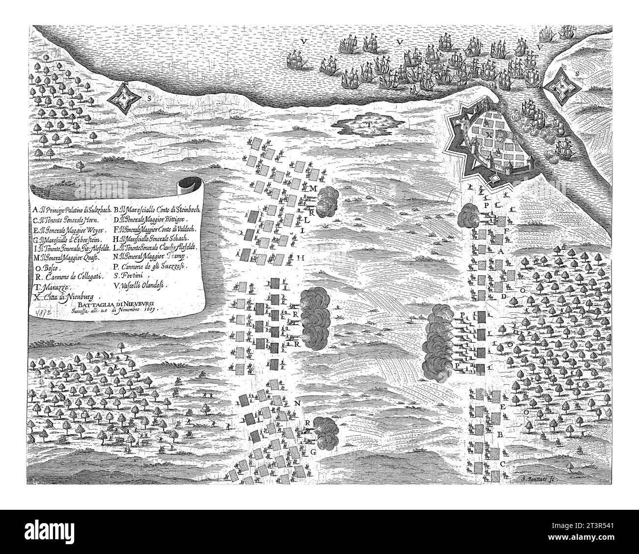 Battle of Nyborg, 1659, Gaspar Bouttats, 1659 Map showing the capture of the city of Nyborg by Michiel de Ruyter and the defeat of the Swedish army by Stock Photo